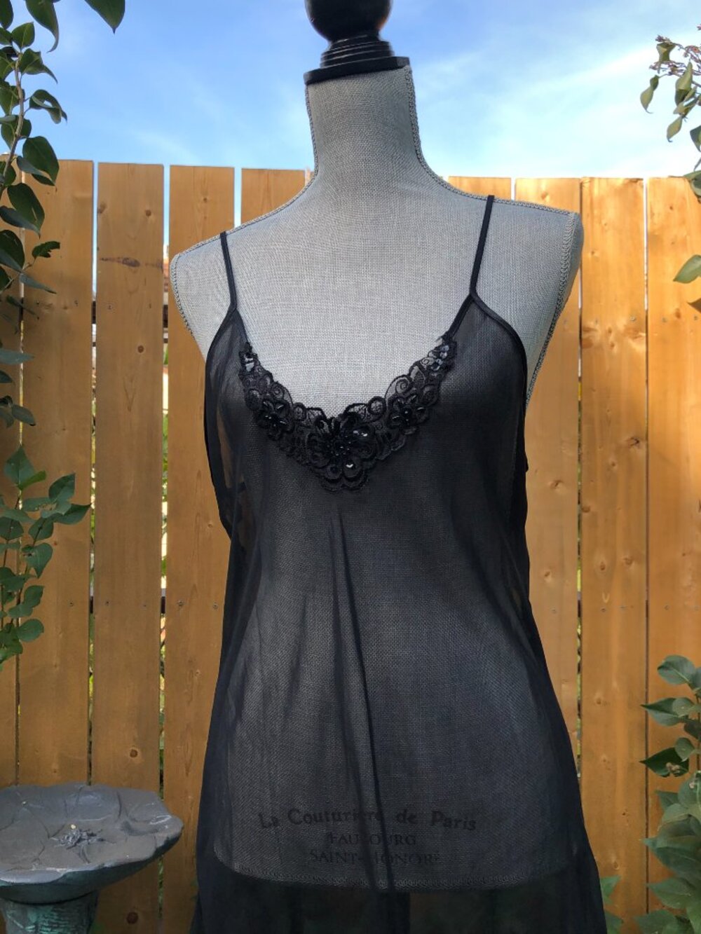 90s Vintage Frederick's of Hollywood Black Sheer Beaded Lace-Front Chemise